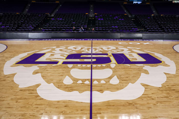 The LSU Tigers logo on the basketball court at the Pete Maravich Assembly Center.